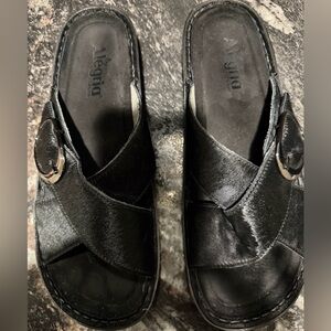 Alegria Women's Black Leather Mules with Buckle